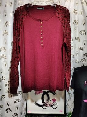 mine Burgundy Lace-Sleeve Henley Long Sleeve Top